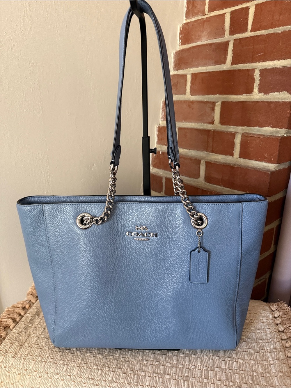 Coach Pebbled Leather Chain Tote in Dusty Blue with Silver Hardware EUC